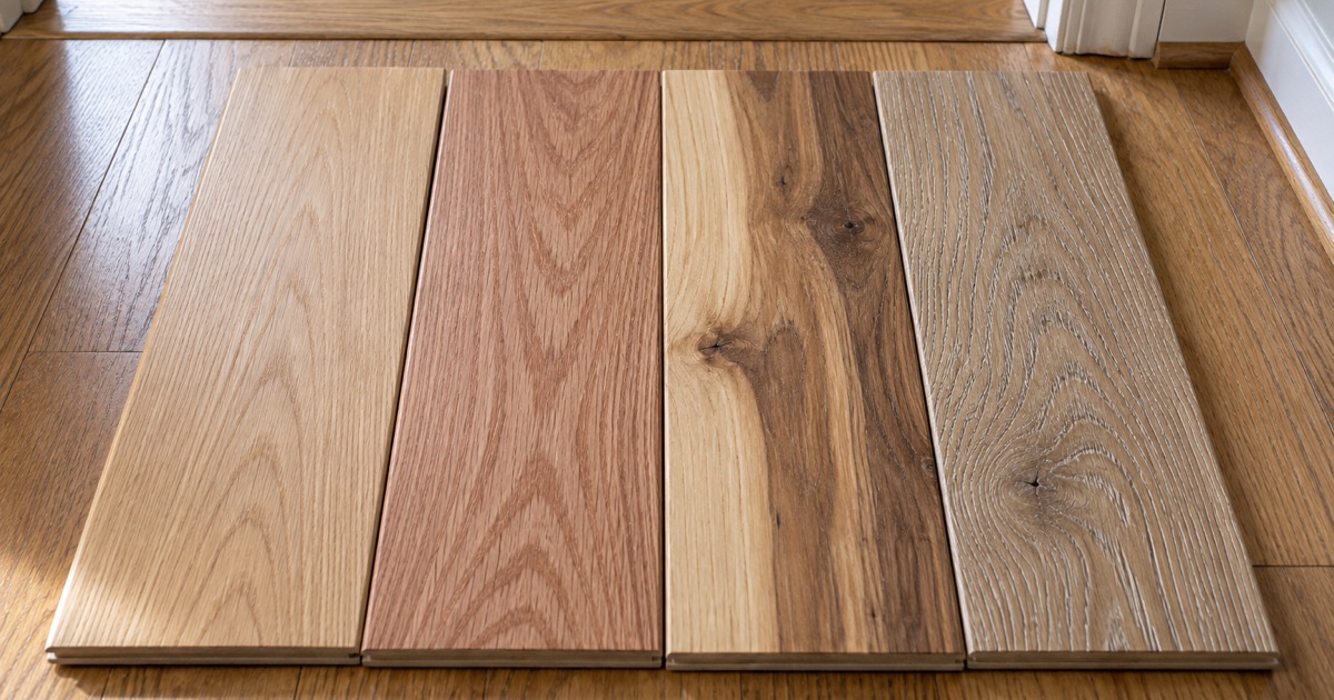 Four wood floor samples laid side by side on a Flower Mound floor — white oak, red oak, hickory and a wire-brushed plank — meeting a reducer at the tile.