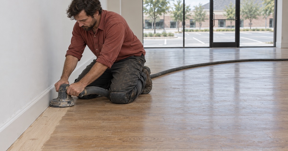 Operator running an edger along the base of an empty Flower Mound tenant suite, the white oak floor cut back to bare wood at the wall.