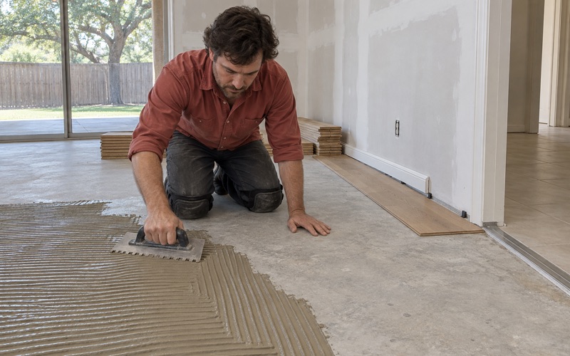 Installer spreading adhesive with a notched trowel across a Flower Mound slab, engineered oak planks stacked flat beside him ready to bed in.