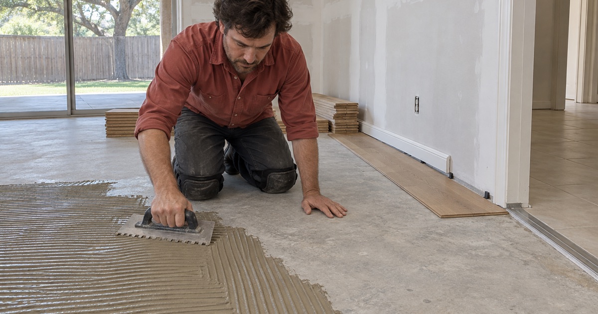 Installer spreading adhesive with a notched trowel across a Flower Mound slab, engineered oak planks stacked flat beside him ready to bed in.