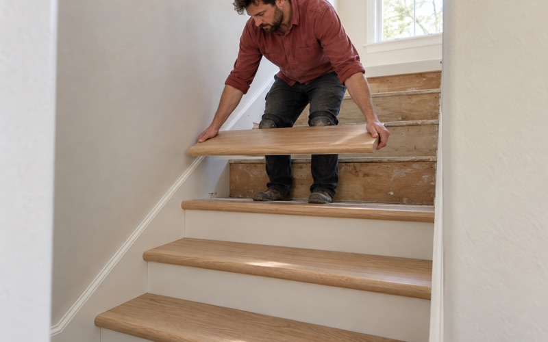 Finisher setting a bullnosed retro tread onto a Flower Mound staircase, its nosing overhanging the riser and the skirt board running up the wall behind.