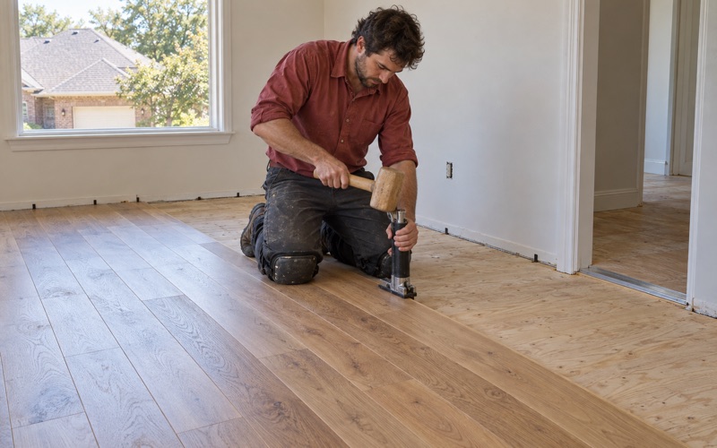 Installer driving a cleat through a white oak board with a flooring nailer and mallet in a Flower Mound house, the run advancing across the plywood subfloor.