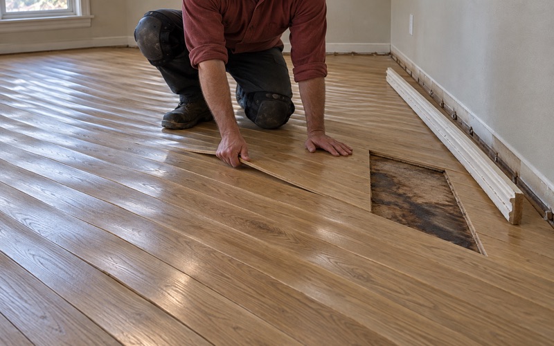 Restorer examining a cupped white oak floor in a Flower Mound house, the boards around him arched at the edges and three lifted out to the subfloor.