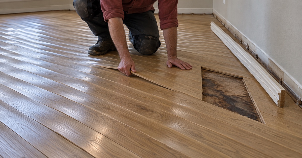 Restorer examining a cupped white oak floor in a Flower Mound house, the boards around him arched at the edges and three lifted out to the subfloor.