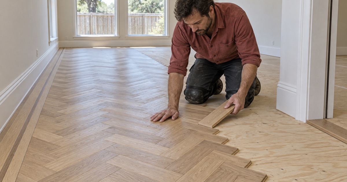 Installer setting a white oak herringbone piece against the working line in a Flower Mound room, the finished field running away behind him.