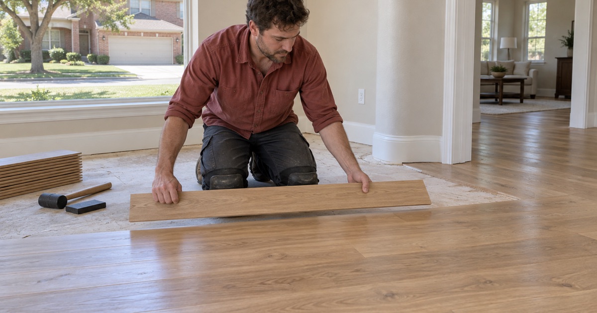 Installer lowering a white oak board beside the previous row in a Flower Mound living room, the laid boards running under the shoe molding behind him.